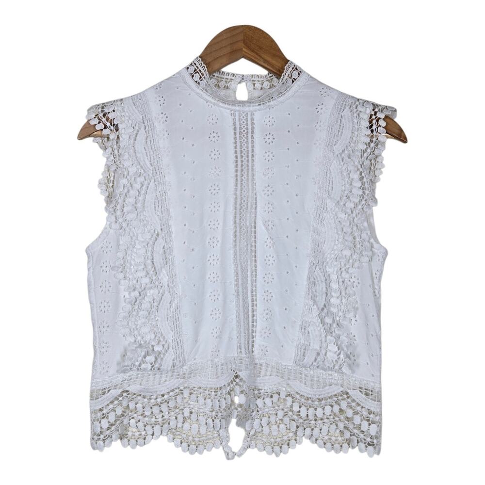 Sim & Sam Eyelet Top XS White Crochet Trim Boho Cottagecore Romantic Fairycore